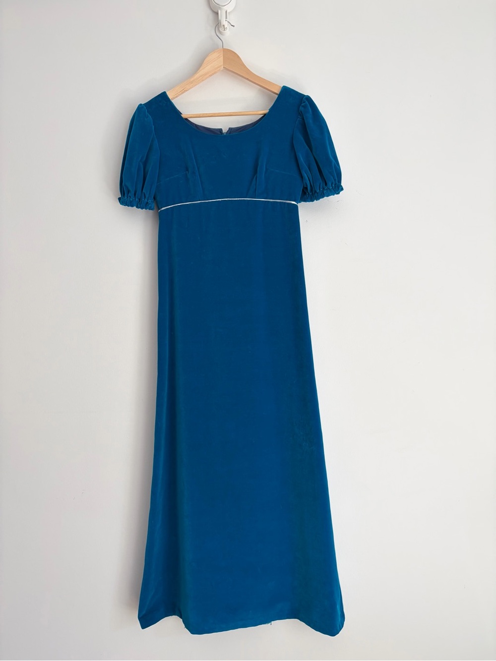Vintage 1960s Blue Velvet Regency Bridgerton Empire Waist Maxi Dress XXS